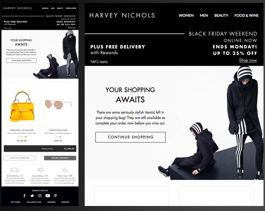 Harvey Nichols: e-mail per il recupero dei carrelli abbandonati come tattica di marketing per il Black Friday.