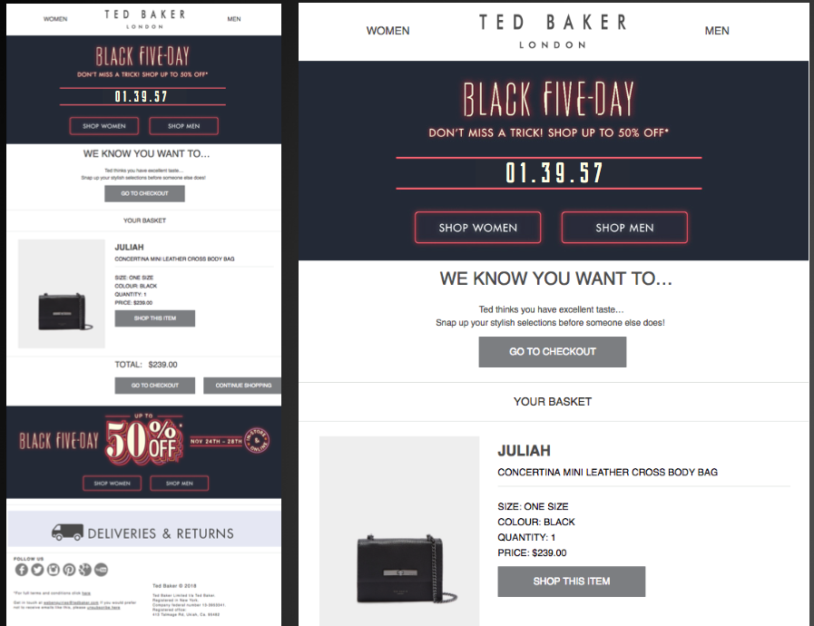Ted Baker: timer per il conto alla rovescia nelle e-mail di remarketing per il Black Friday.