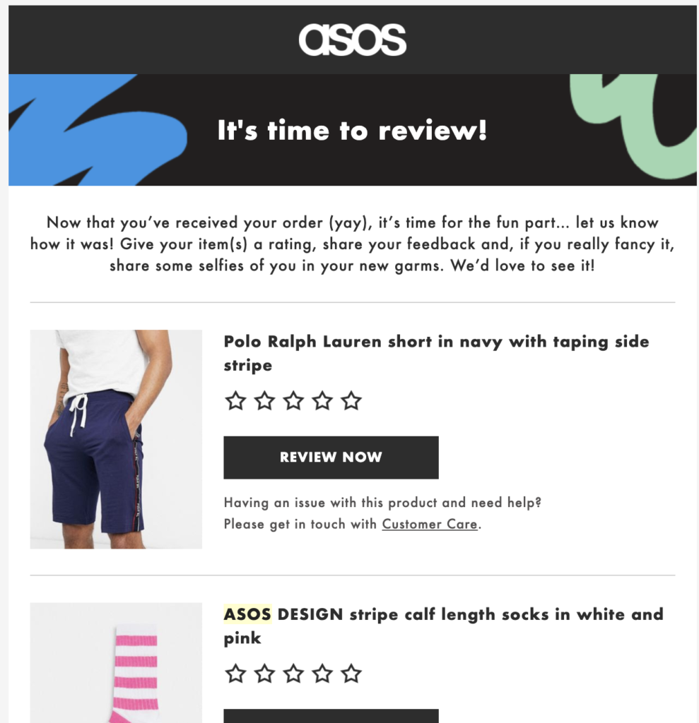 ASOS: e-mail post acquisto per la richiesta di recensioni.