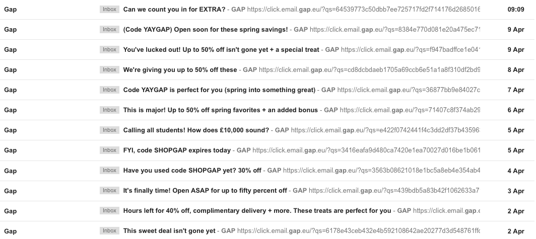 GAP: e-mail post acquisto per la comunicazione di promozioni ed eventi.