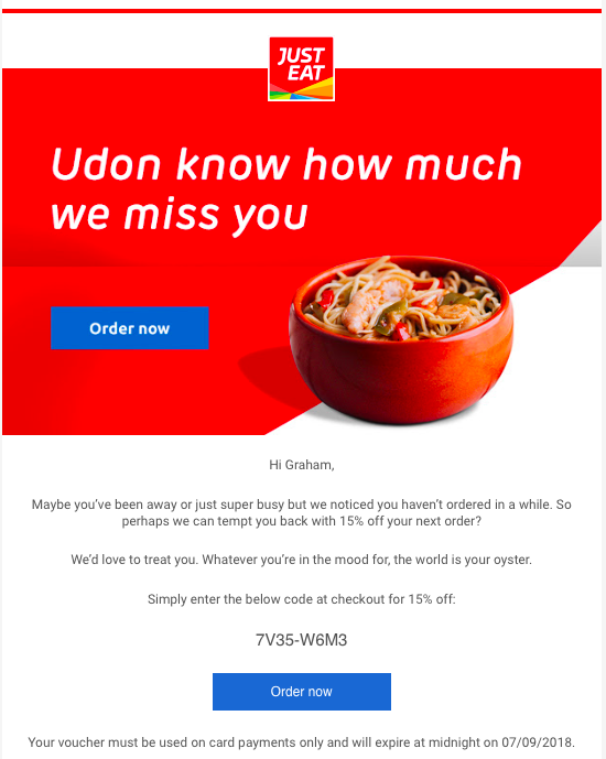 Just Eat: e-mail post acquisto di re-engagement.