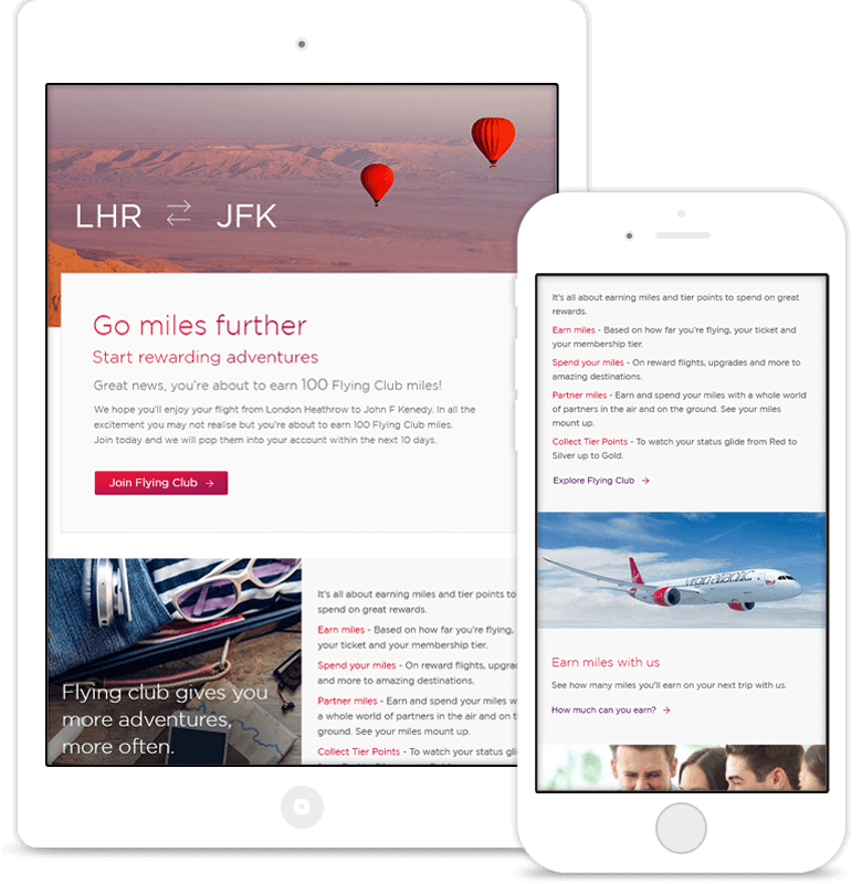 SaleCycle per Virgin Atlantic: e-mail post acquisto per la promozione di programmi fedeltà.