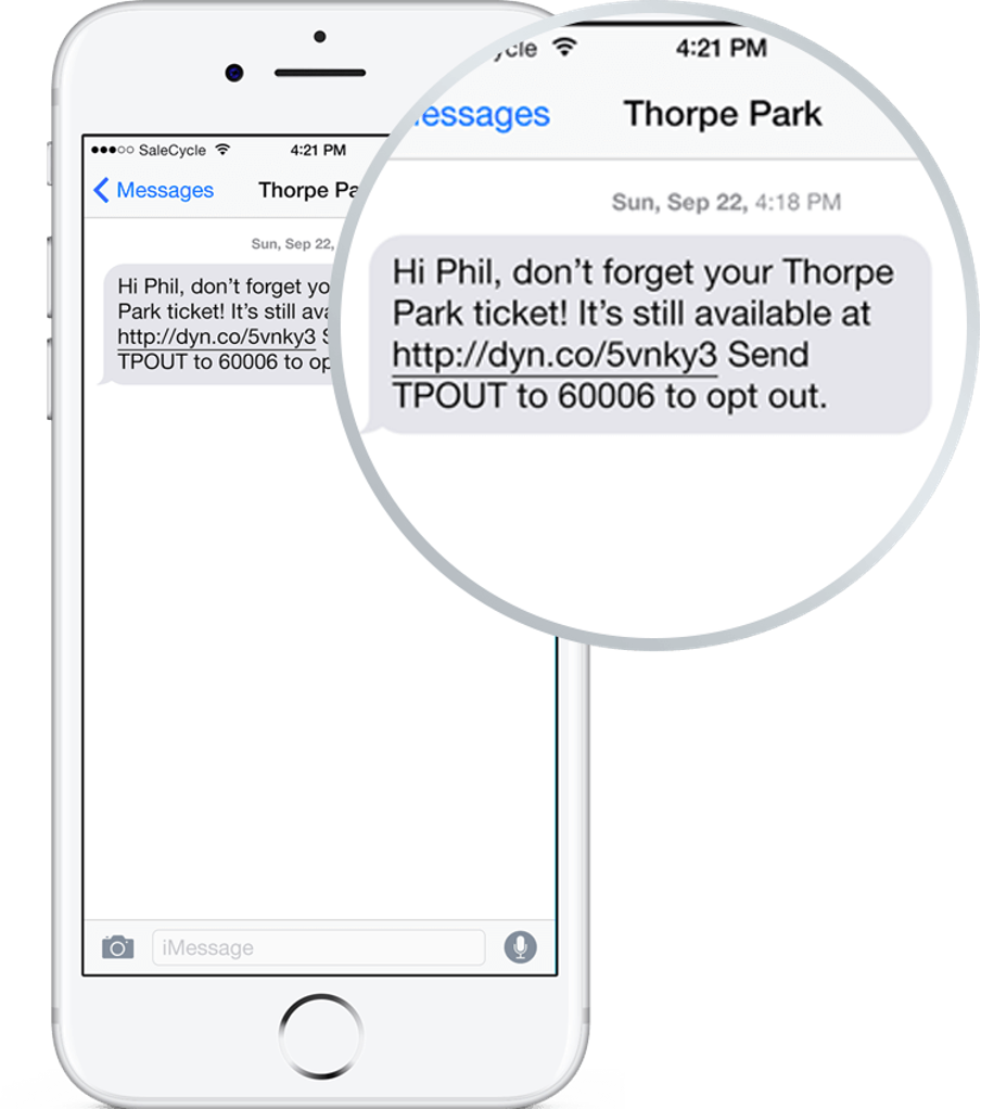 Remarketing e retargeting: Thorpe Park - esempio di sms di remarketing per il recupero dei carrelli abbandonati.
