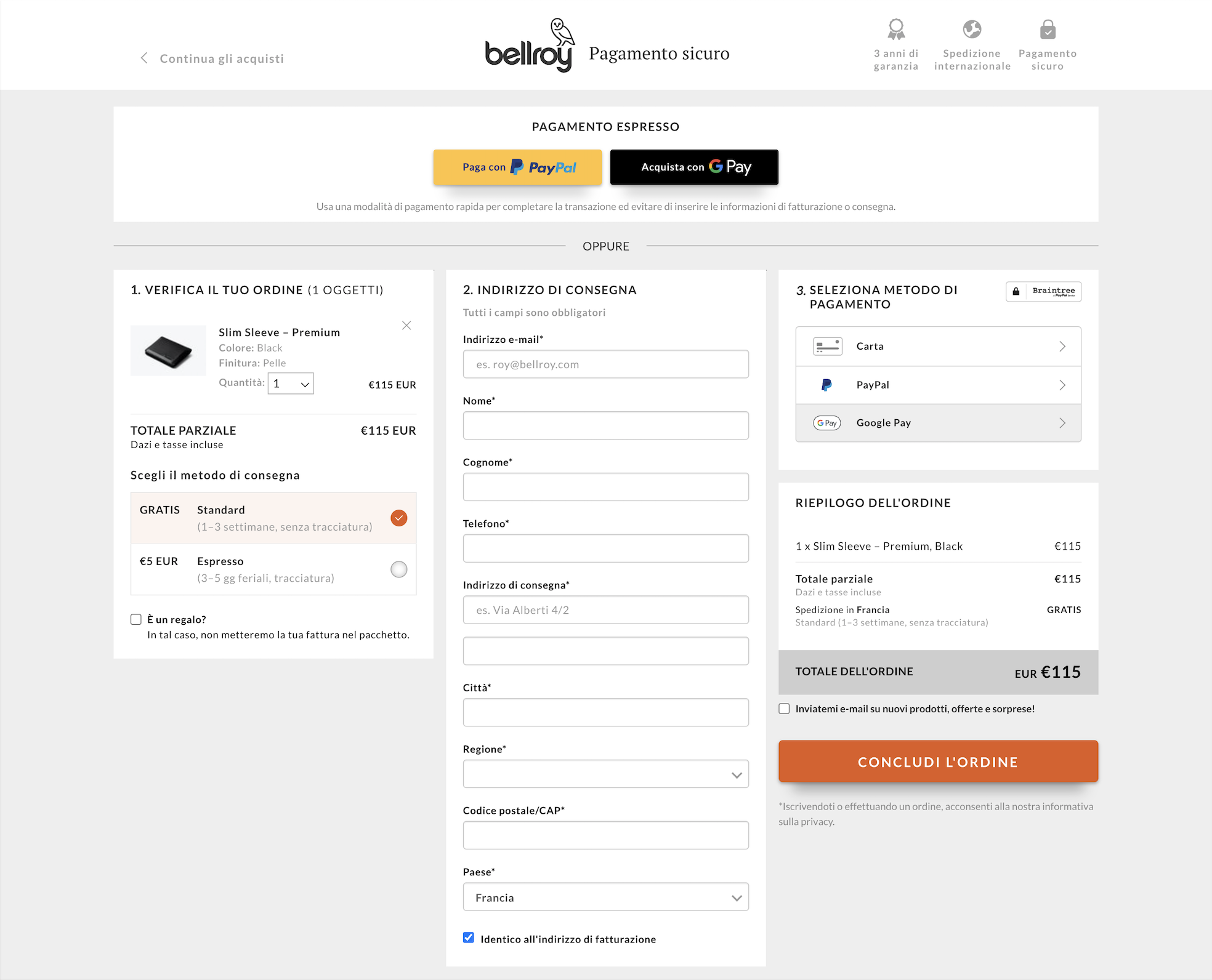 Bellroy: ordine visivo come best practice per ottimizzare il processo di checkout sul tuo e-commerce.