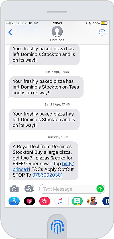 Domino's Pizza: esempio di SMS di remarketing in relazione alla targetizzazione e alle tempistiche di invio.