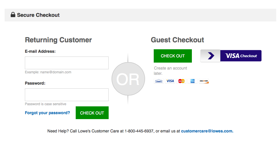 Lowe's: duplice possibilità di registrazione come best practice per ottimizzare il processo di checkout del tuo e-commerce.