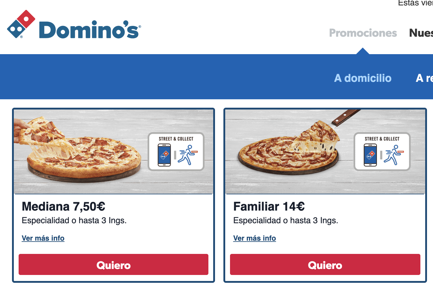 Ejemplo de upselling de Dominos Pizza