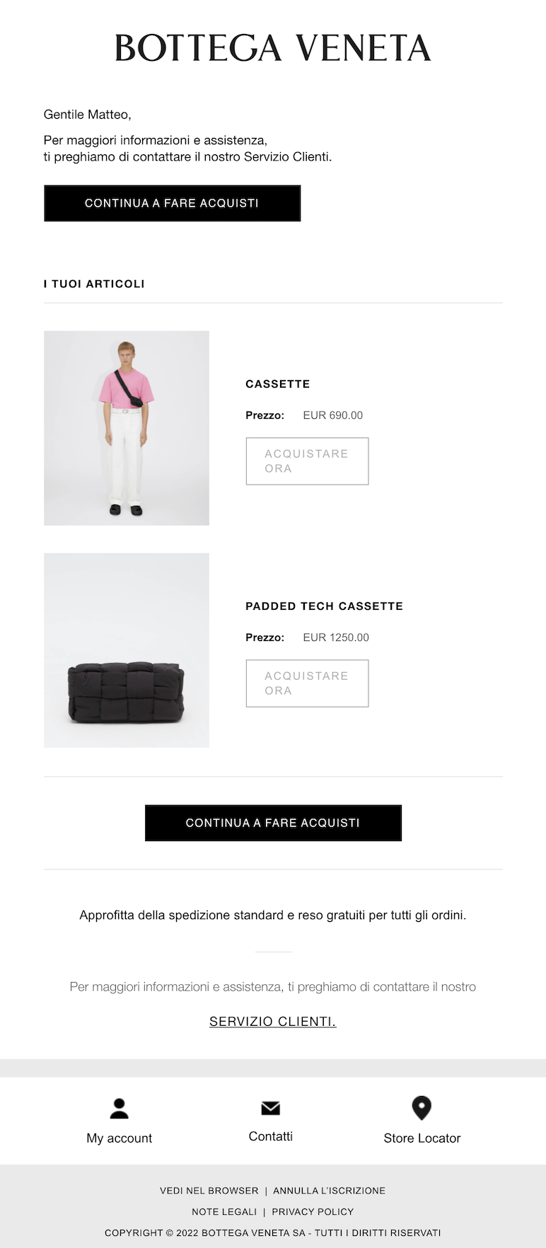 SaleCycle per Bottega Veneta: e-mail di riepilogo dei prodotti visualizzati nel settore e-commerce del lusso.