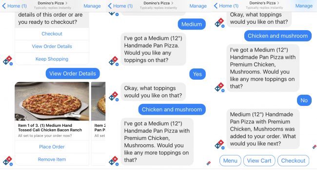 Ejemplo de chatbot para ecommerce de Domino's Pizza
