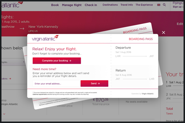 Virgin Atlantic: esempio di remarketing on-site.