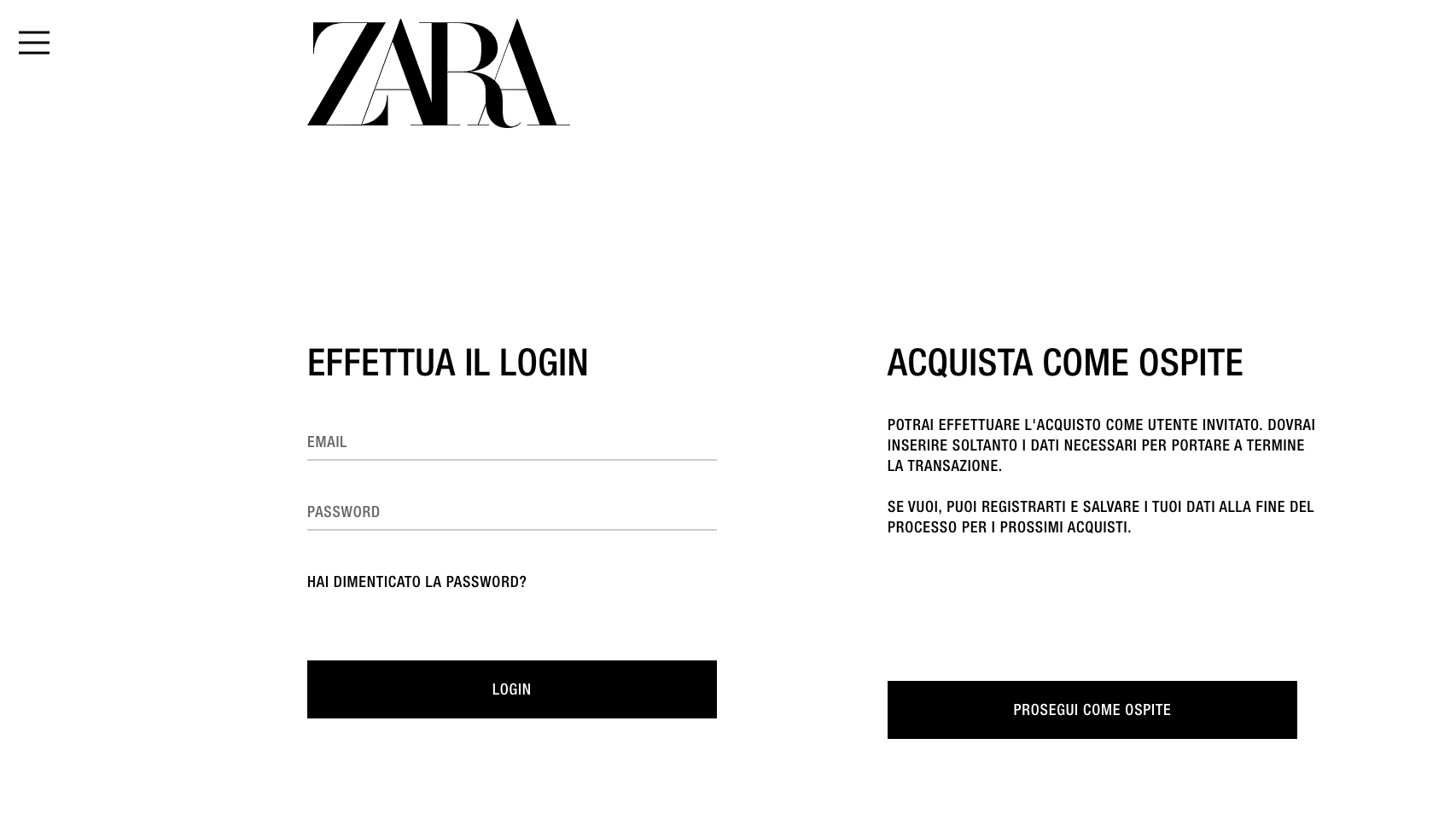 Zara: utilizzo di diverse opzioni di checkout come tecnica di ottimizzazione del processo di acquisto su un sito e-commerce.