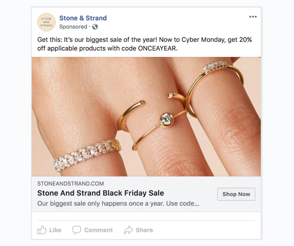 Stone & Strand: esempio di contenuti sponsorizzati per fare social commerce su Facebook.